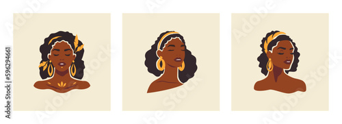 Beauty African boho black woman portrait golden jewelry hand drawn paint set vector flat illustration