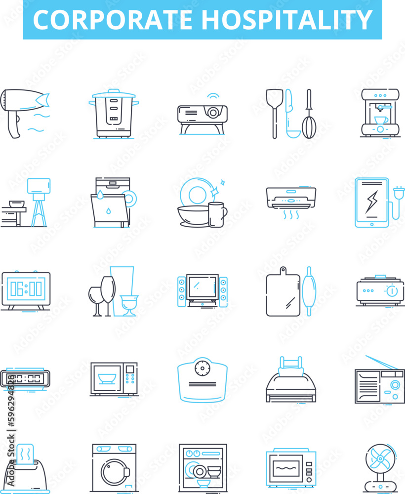 Corporate hospitality vector line icons set. Events, receptions, catering, hosting, networking, conference, business illustration outline concept symbols and signs Corporate hospitality vector line icons set. Events, receptions, catering, hosting, networking, conference, business illustration outline concept symbols and signs