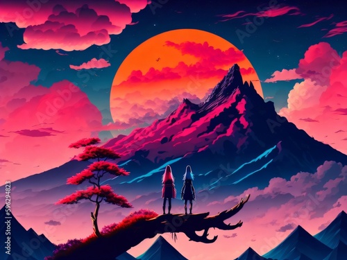 Mountain and clouds digital wallpaper, two anime character standing on wood branch facing mountain and red moon illustration