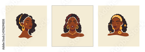 Tribal African black woman portrait summer golden boho aesthetic hand drawn paint set vector flat illustration