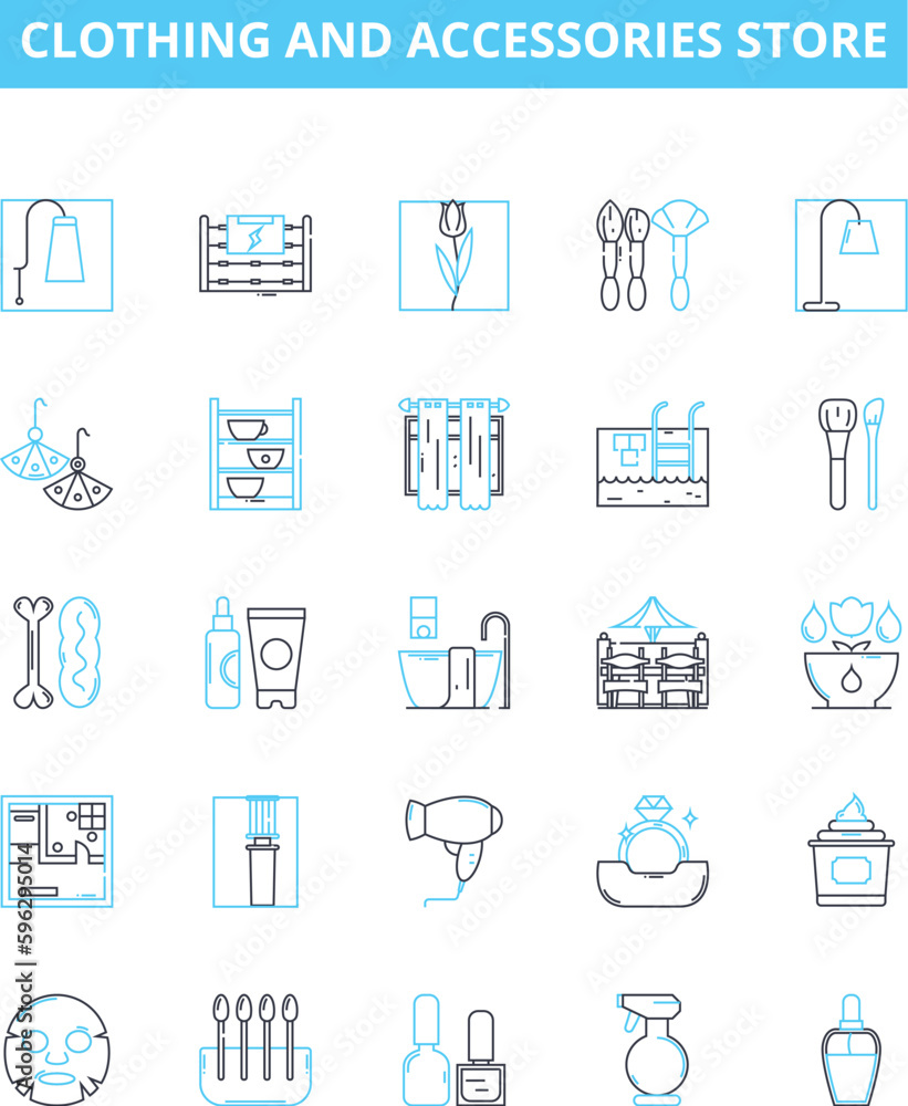 Clothing and Accessories Store vector line icons set. Apparel, Accessories, Clothing, Store, Footwear, Garments, Shoes illustration outline concept symbols and signs Clothing and Accessories Store vector line icons set. Apparel, Accessories, Clothing, Store, Footwear, Garments, Shoes illustration outline concept symbols and signs