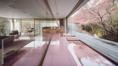 Transparent luxury house full of windows with pink and rose gold decor  so that you never feel closed in. Generative AI Technology 