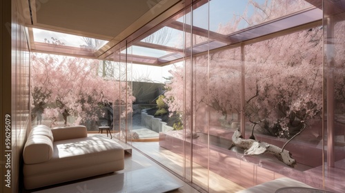 Transparent luxury house full of windows with pink and rose gold decor  so that you never feel closed in. Generative AI Technology 