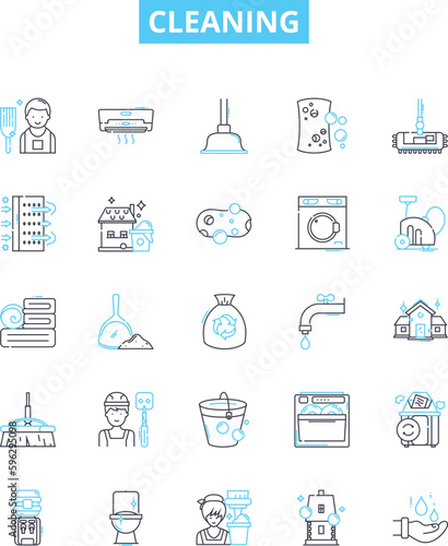 Cleaning vector line icons set. Scrubbing, Polishing, Washing, Sweeping, Sanitizing, Mopping, Disinfecting illustration outline concept symbols and signs