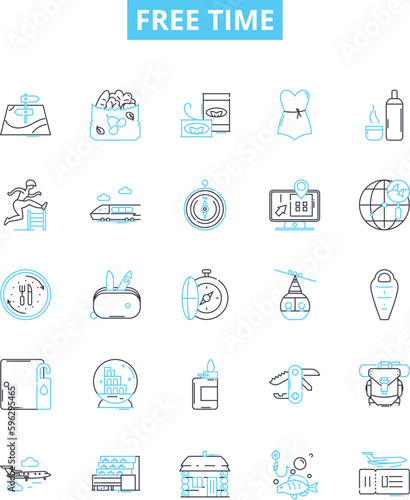 Free time vector line icons set. Leisure, Relaxation, Spare, Recreation, Vacation, Holiday, Idleness illustration outline concept symbols and signs