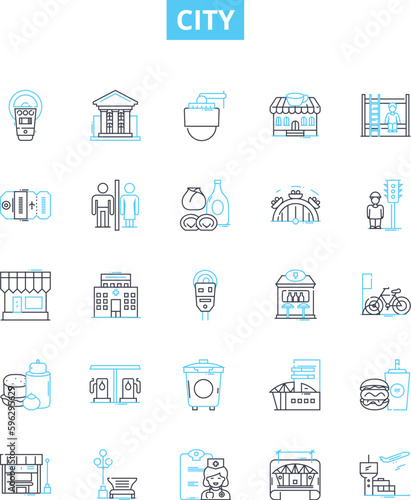 City vector line icons set. Town, Municipality, Metropolis, Urban, Borough, Hamlet, Village illustration outline concept symbols and signs