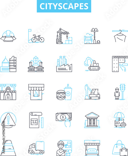 Cityscapes vector line icons set. Urban, skyline, metropolis, metropolises, vista, architecture, buildings illustration outline concept symbols and signs