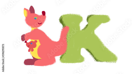 Cute  funny kangaroo and the letter K.
