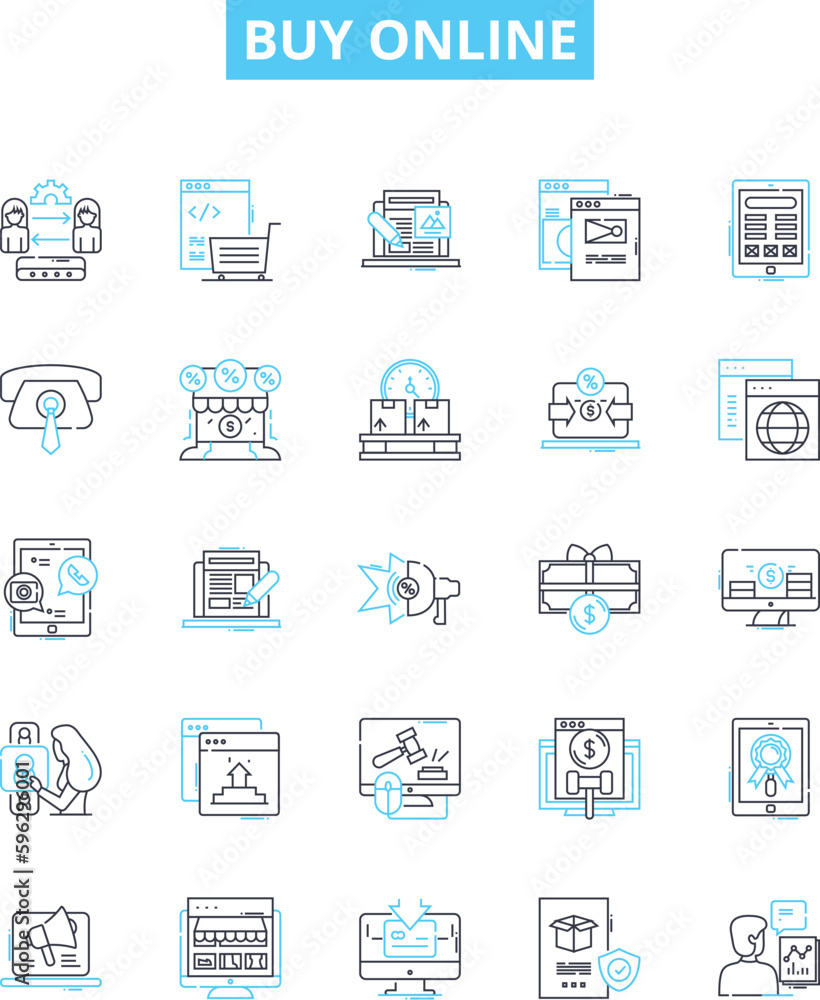 Buy online vector line icons set. Purchase, Order, Obtain, Shop, Buy, Procure, Acquire illustration outline concept symbols and signs