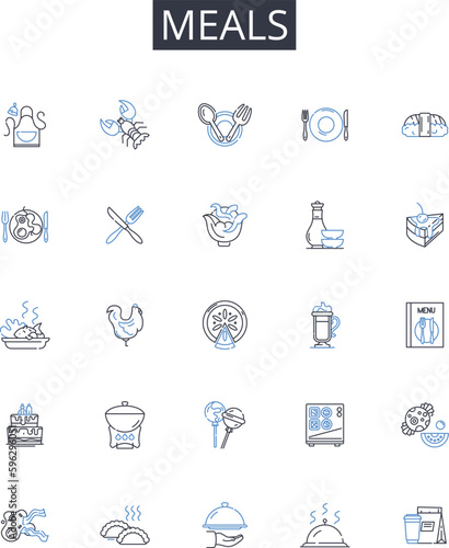 Meals line icons collection. Foodstuffs, Grub, Comestibles, Cuisine, Fare, Victuals, Provisions vector and linear illustration. Nourishment,Eats,Refreshments outline signs set