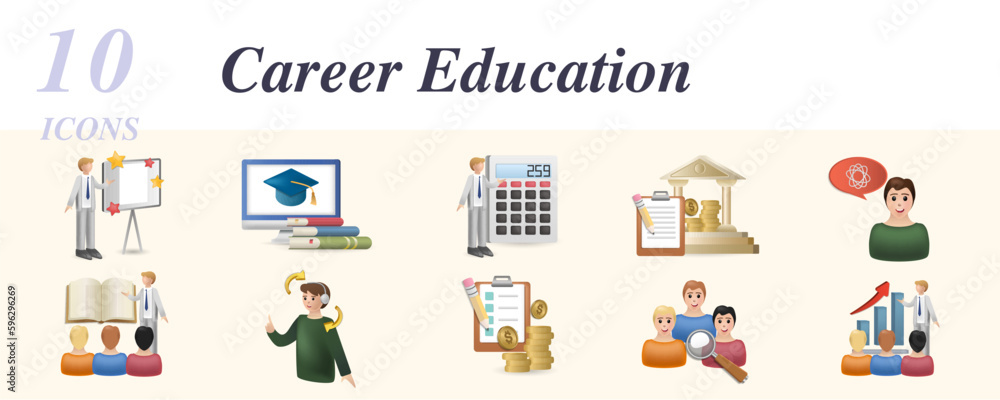 Career education set. Creative icons: presentation, lessons, accounting staff, loan, thinking, teaching, help, economy project, human analysis, business training.