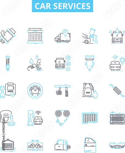 Car services vector line icons set. Car, services, repair, maintenance, oil, change, brakes illustration outline concept symbols and signs