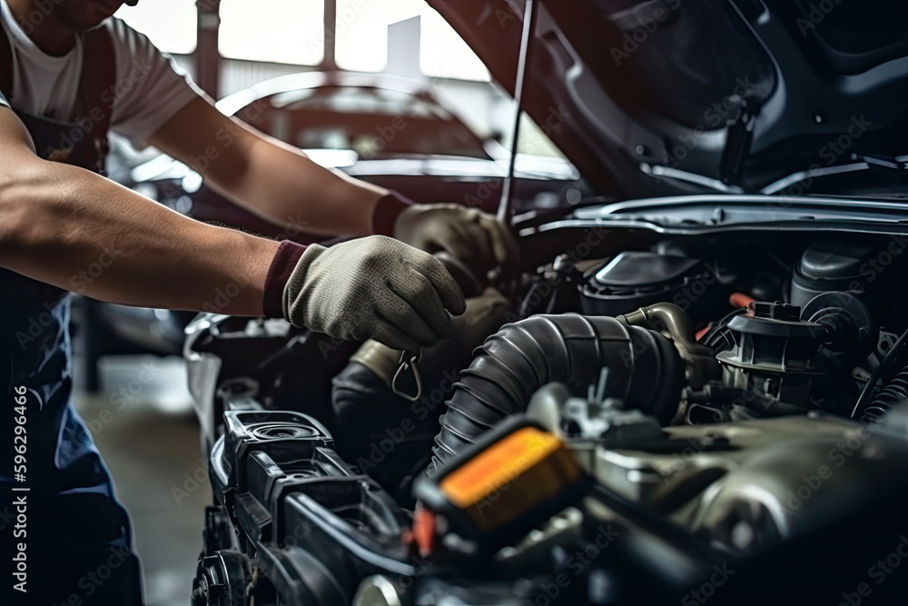Auto mechanic working on car broken engine in mechanics service or garage Auto mechanic working on car broken engine in mechanics service or garage