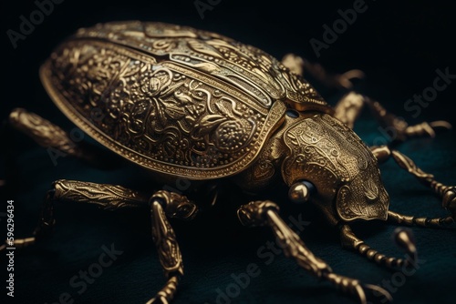 Detailed beetle artwork in gold. Generative AI