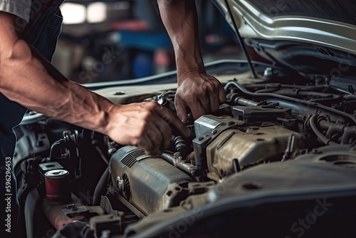 Auto mechanic working on car broken engine in mechanics service or garage