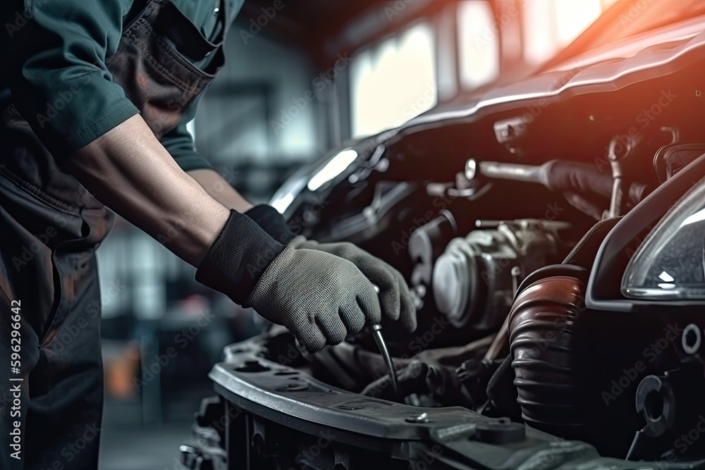 Auto mechanic working on car broken engine in mechanics service or garage Auto mechanic working on car broken engine in mechanics service or garage