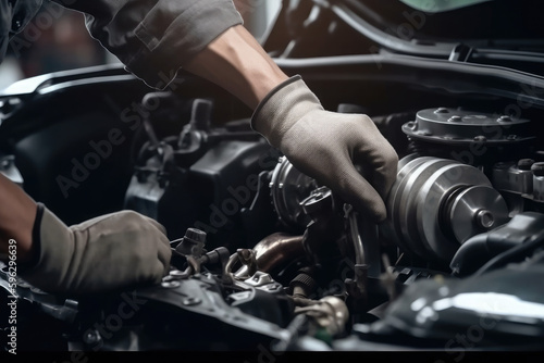 Auto mechanic working on car broken engine in mechanics service or garage © ttonaorh