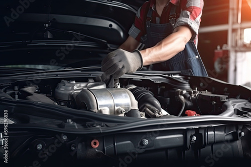 Auto mechanic working on car broken engine in mechanics service or garage © ttonaorh