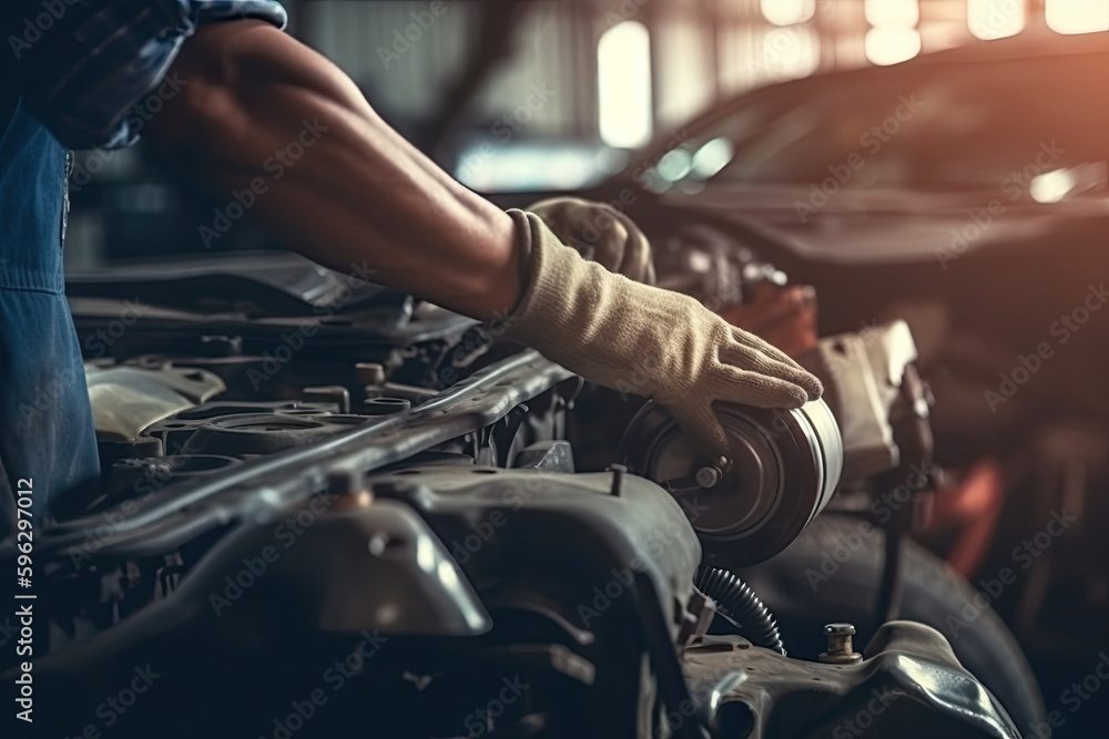 Fototapeta premium Auto mechanic working on car broken engine in mechanics service or garage