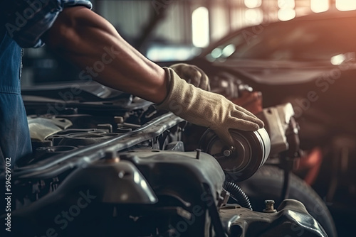 Auto mechanic working on car broken engine in mechanics service or garage