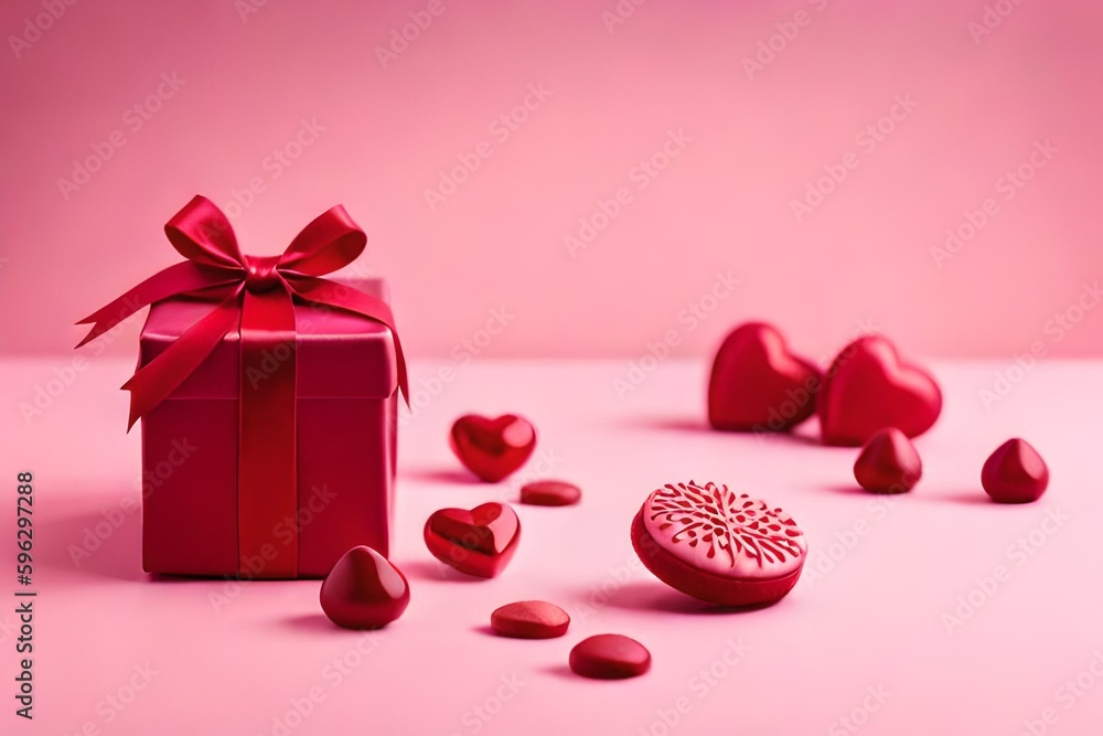 Sweet Romance: Candy, Gift Boxes, and Red Felt Hearts on a Pink Background