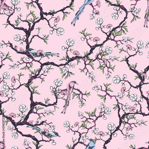Japanese Birds. Decorative seamless pattern. Repeating background. Tileable wallpaper print.