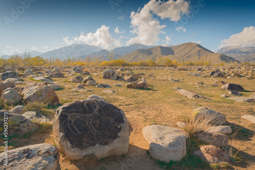  Ancient petroglyphs in Kyrgyzstan mountains