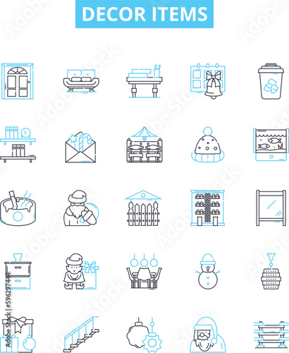 Decor items vector line icons set. Furnishings, Rugs, Lighting, Wallpaper, Mirrors, Curtains, Vases illustration outline concept symbols and signs