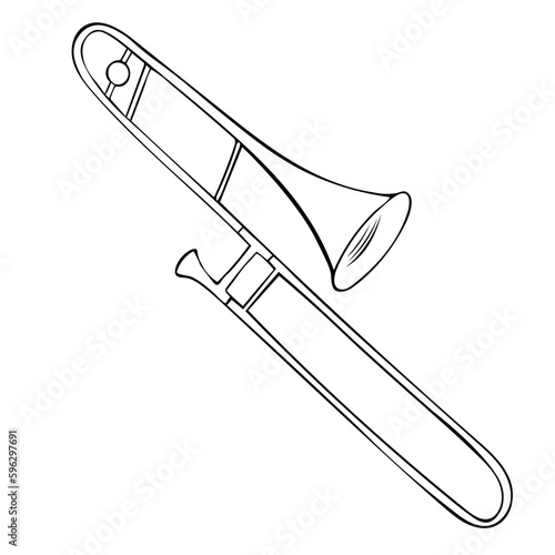 Hand drawn black and white trombone vector on white background.
