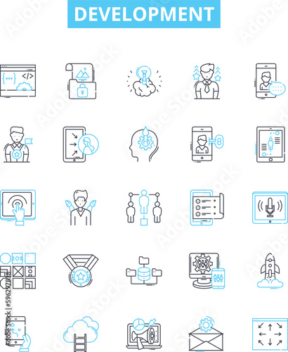 Development vector line icons set. Growth, Improvement, Expansion, Advancement, Proliferation, Progression, Enhancements illustration outline concept symbols and signs