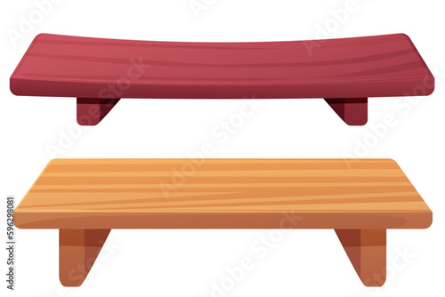 Set Wooden table traditional japan tray empty furniture in cartoon style isolated on white background. 