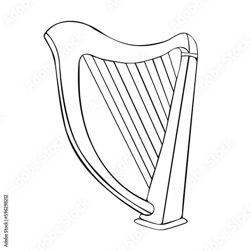 Antique, old stringed musical instrument is a classical wooden harp. Historical musical instrument harp