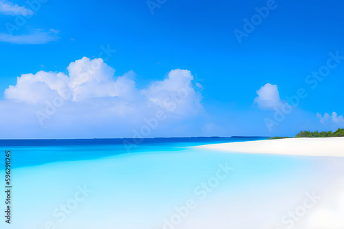 Beautiful sandy beach with white sand and rolling calm wave of turquoise ocean on Sunny day on background white clouds in blue sky. Island in Maldives  made by Ai
