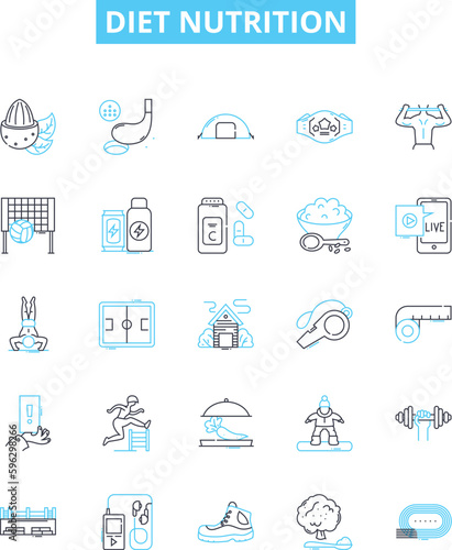 Diet nutrition vector line icons set. diet, nutrition, health, food, calories, fat, protein illustration outline concept symbols and signs