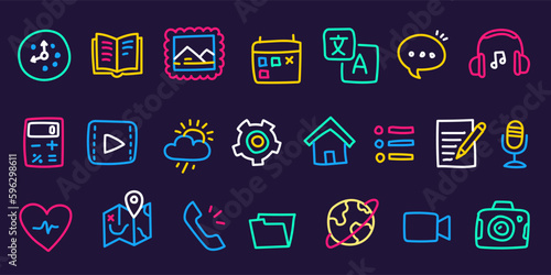 Vector set of business colorful icon on dark color background. Flat line art style design of bright different icon