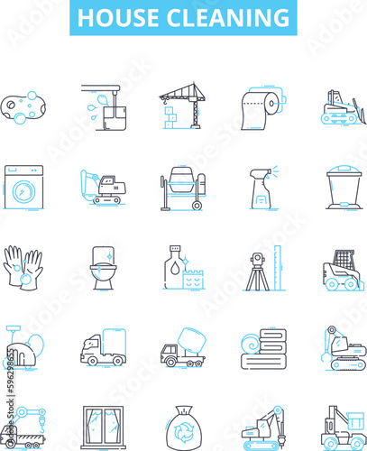 House cleaning vector line icons set. Mop, Vacuum, Dust, Wipe, Sweep, Scrub, Disinfect illustration outline concept symbols and signs