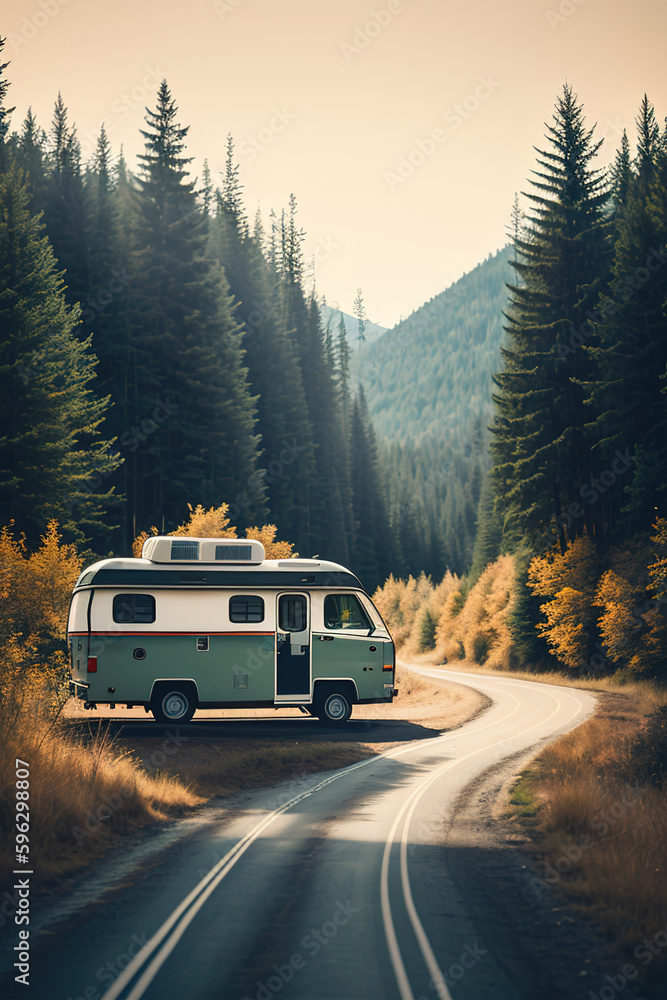 Road adventures on a camper, an exotic kind of outdoor recreation. Generative AI. Road adventures on a camper, an exotic kind of outdoor recreation. Generative AI.