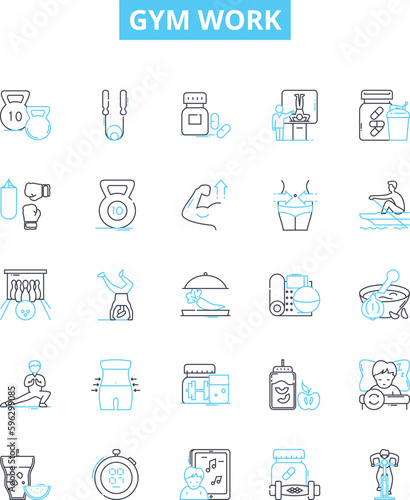 Gym work vector line icons set. Exercise, Fitness, Aerobics, Benchpress, Cardio, Squats, Weights illustration outline concept symbols and signs
