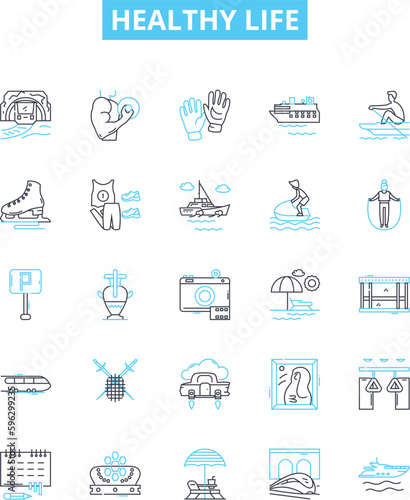 Healthy life vector line icons set. Wellness, Exercise, Nutrition, Hydration, Balance, Joy, Relaxation illustration outline concept symbols and signs