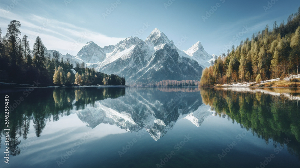 serene lake reflecting the snowy mountain, ai generated