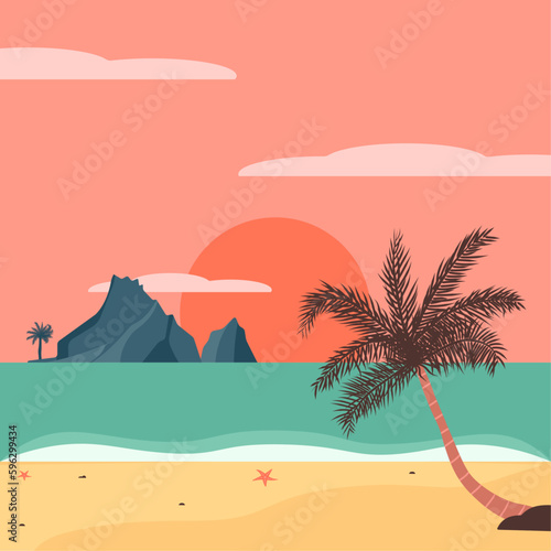 Seascape in retro style. Sunset on a tropical beach. Vector illustration