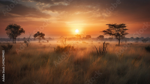 serene sunrise over a vast savannah, ai generated