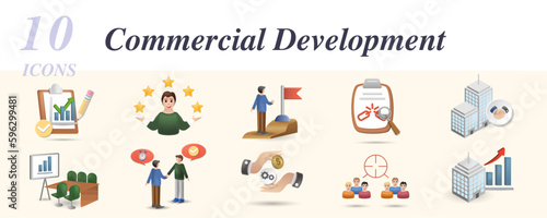 Commercial development set. Creative icons: performance evaluations, professionalism, career path, weakness analysis, partnership cooperation, conference room, appointment setting, sales automation