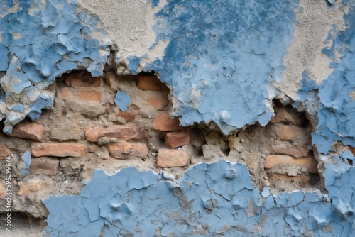 weathered brick wall with peeling blue paint. Generative AI