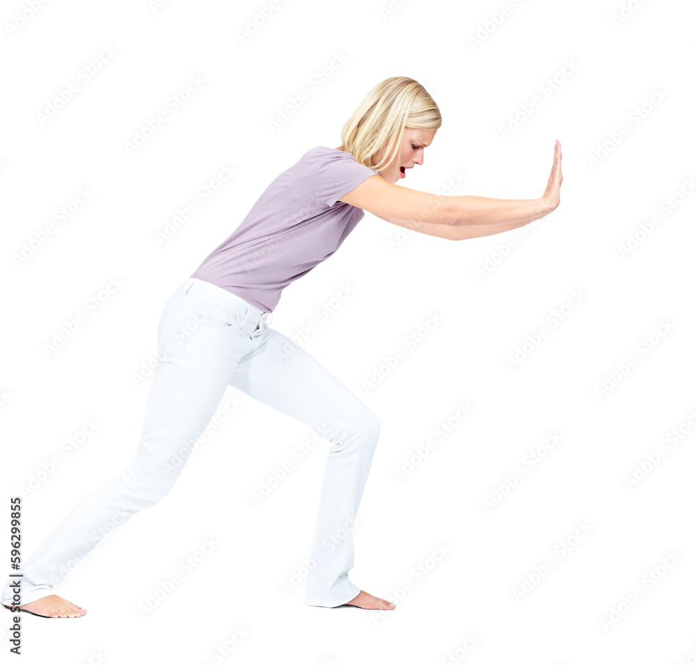 Woman, push and difficult obstacle of an heavy object with a person and moving struggle. Challenge, weight and profile of female model pushing forward isolated on a transparent, png background Woman, push and difficult obstacle of an heavy object with a person and moving struggle. Challenge, weight and profile of female model pushing forward isolated on a transparent, png background