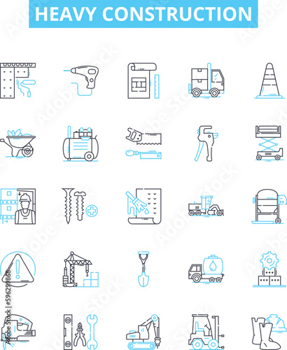 Heavy construction vector line icons set. Heavy, Construction, Excavation, Demolition, Equipment, Machines, Cranes illustration outline concept symbols and signs