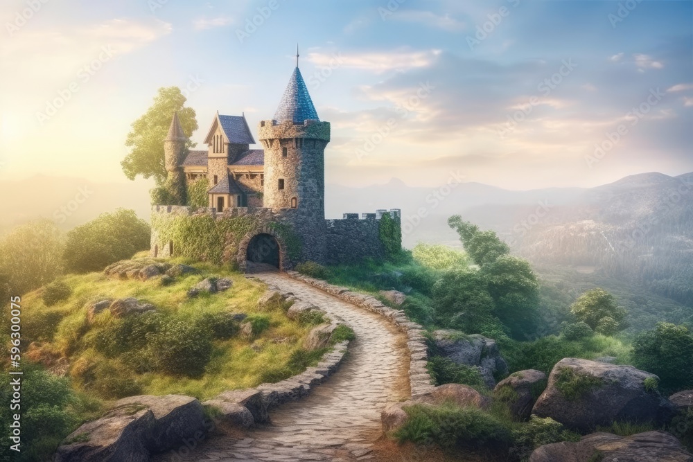 majestic castle sitting atop a lush green hill. Generative AI majestic castle sitting atop a lush green hill. Generative AI