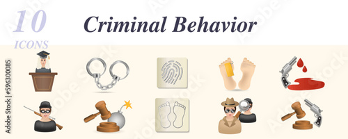 Criminal behavior set. Creative icons: prisoner, thief, hacker, police officer, detective, jail, corruption, witness, law, evidence, judge, handcuffs, fingerprint, coroner, murder, war crime