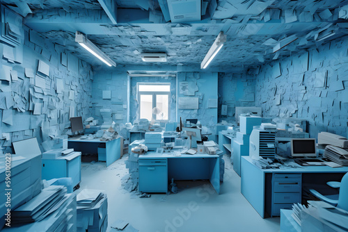 office completely filled with paper in a blue tone, Generative AI