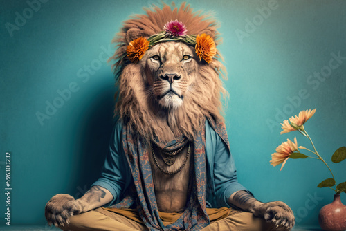 lion in boho clothes doing, created with Generative AI technology